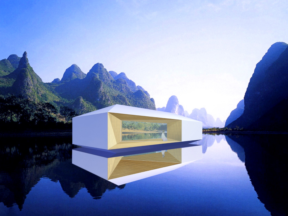 
The digital TV commercial setting was broadcasted in China.
Three possibilities of the video scenario "floating living room on water" were presented.

translated by Tota Goya