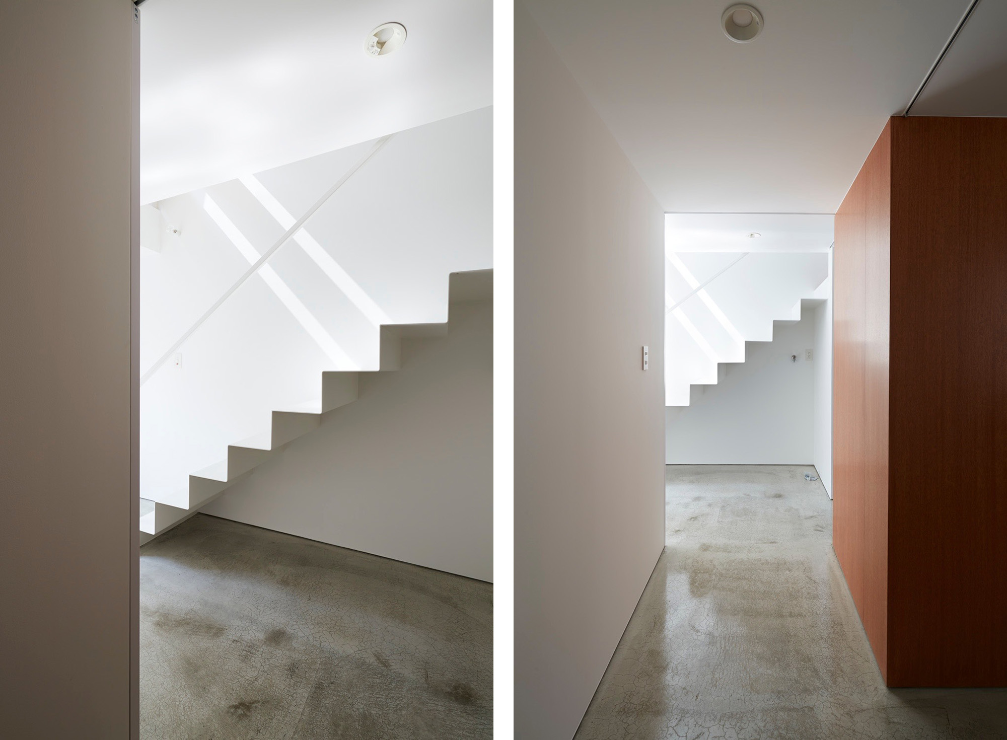 Under the conditions of the minimum property’s size of 60m2 and the front road’s width of 4m in this region, it was the main theme of the projekct to create a bright, compact, spacious, and open living environment, while ensuring appropriate privacy.
The narrowly built neighborhood guided the design to the concept of letting the natural light go vertically around the three-story house through the staircase, loggia, and terrace. It is important that the stairs are related to the living spaces. The moving flow via the staircase between the up and down floors is uninterruptedly connected with the daily activities. In this manner, they may help with generating a fulfilled living atmosphere.
The building part with the loggias is set at a 45° angle to the main axis in order to make more distance to the facing buildings across the narrow road. The appearance of a protruding balcony, attached to the facade, and a radically sloped northern facade, due to the height restriction, is typical of the residential building in this area. Rather than passively reflecting the regulations, the restrictions and balconies were actively used as structural units to define the forming composition.
translated by Tota Goya
