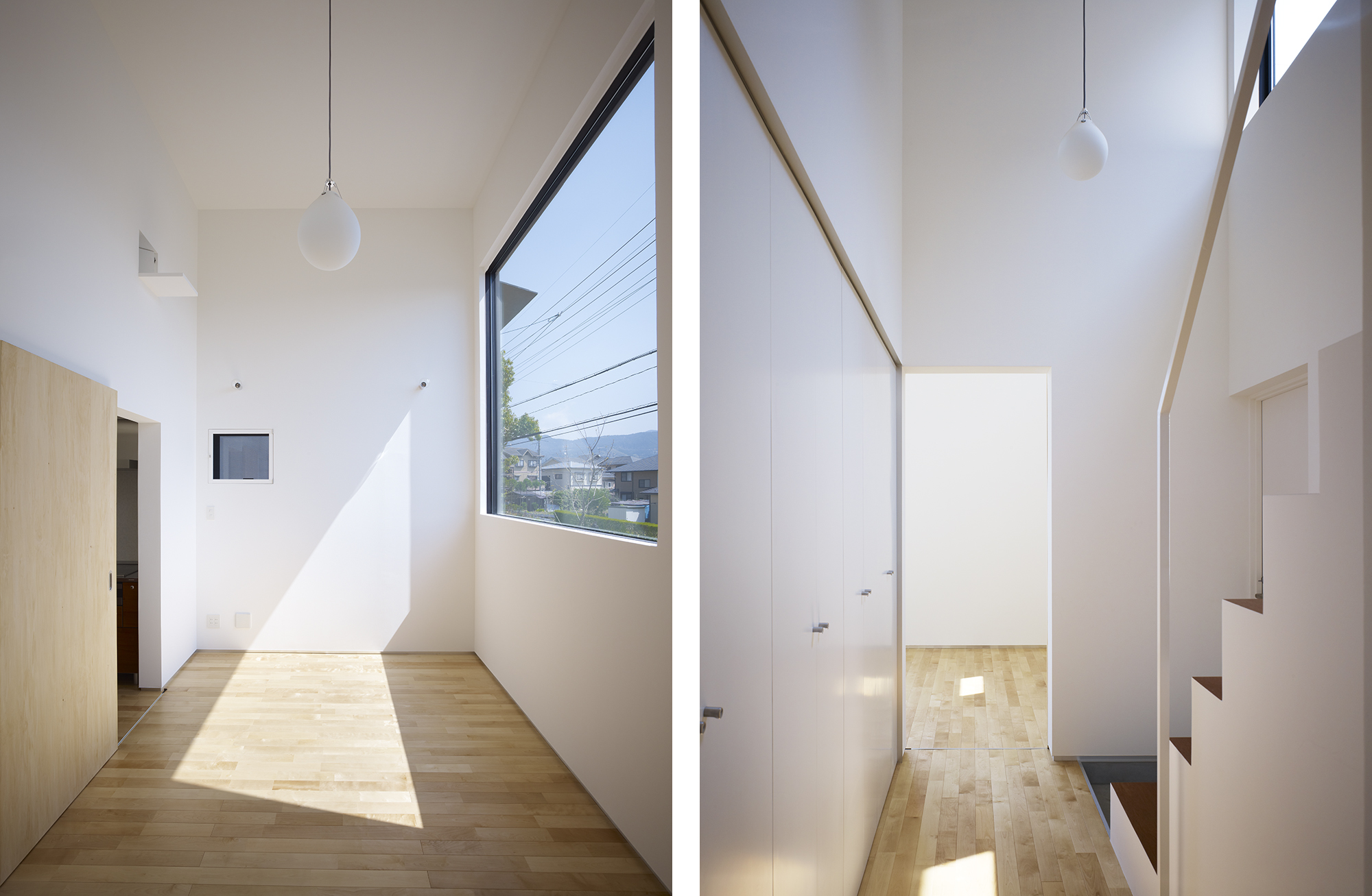 The four-story building with an office and residential use stands in Kyoto city. The office space is placed in the half basement. The attic is planned pillar-free as an open room, which can be used as a larger working space. At the highest floor you are able to stand out from the skylight window to enjoy the view of Mt. Hiei with a glass of wine.
The split-levels and the partially lowered ceilings enabled the four floors to fit in the height limit. The resulting "lowness" was reconsidered as "closeness". The section is so arranged that the "closer" ceiling does not disturb the use of the space below.
translated by Tota Goya