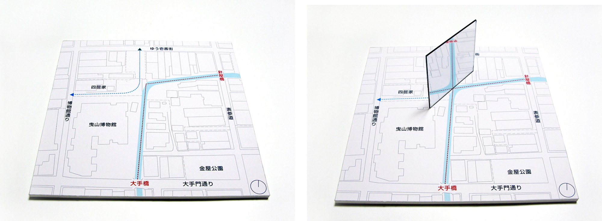 A public art using glass was planned to be installed in the old town of Nagahama City, Shiga.
A simple glass wall should be set at a kink of the creek in order to generate a false landscape of a creek junction.
A laminated mirror safety glass appears to be a semi-reflective surface, which can be also seen through, depending on the different brightness between the front and back as well as the viewing point. It is an attempt to amplify the uniqueness of a landscape with a minimum intervention.
translated by Tota Goya
