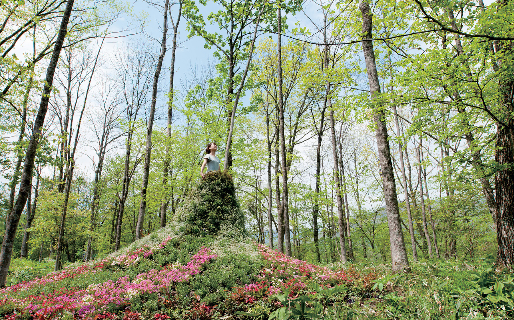 The idea of Dress Garden was planned and carried out in a vast forest park in Tokachi Subprefecture, Hokkaido, as an entry for the Hokkaido Garden Show competition in 2012.
The continuous form, that grows out of the ground, allows you to climb up to the top, where you let yourself wrapped in a dress made out of forest vegetation. You may enjoy commemorating the time that you spend in the forest in the Garden Dress with your attendants.
translated by Tota Goya